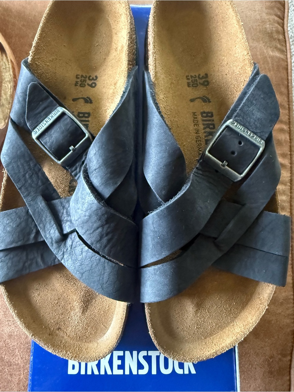 Birkenstock Black Lugano 39 Crisscross Leather Slide Sandals